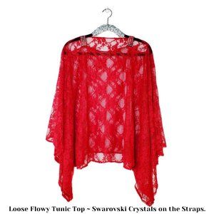 Red Lace Flowy Batwing Top ~ Swarovski Cry. Straps
